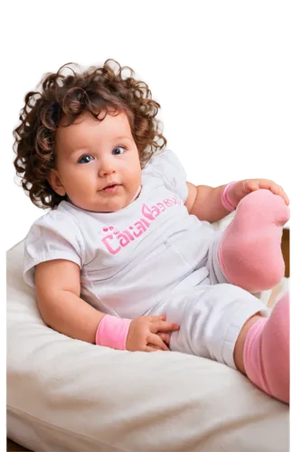 Cute baby, infant, 6 months old, chubby cheeks, big round eyes, soft curly hair, gentle smile, milk bottle, white onesie, pink socks, lying down, side view, warm lighting, pastel color tone, shallow d