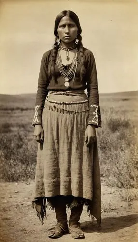 native comanche girl posing, 1500s real photograph, apache indians, light-skinned bodies, burned edges, large breasts, young face,  sepia,  (randomized facial structure), in the open plains,an old - f