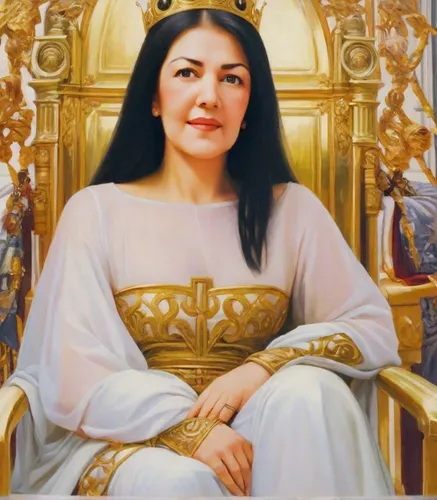 "A realistic painting of a woman with dark brown eyes, long black hair, sitting on a golden throne, wearing royal attire, and wearing a crown on her head.",azerbaijan azn,portrait of christi,zoroastri