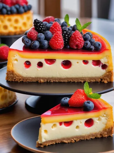 In a whimsical bakery, the pastry chef creates a unique cheesecake with perfectly placed cheese holes that captivate customers' hearts.,cheesecake,cheese cake,cheesecakes,cream cheese cake,custard tar