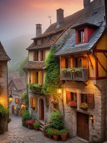 Traditional European village, rustic wooden houses, steeply pitched roofs, overhanging upper floors, colorful shutters, flower-filled window boxes, cobblestone streets, lanterns hanging from eaves, lu