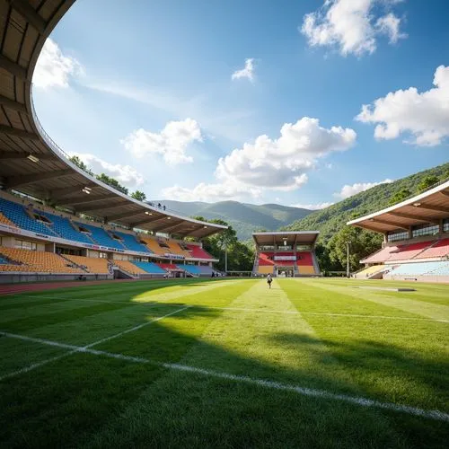 Sports field stadium, lush green grass, natural turf, athletic tracks, vibrant colorful bleachers, spectator seating, modern curved architecture, large open roofs, clerestory windows, skylights, solar