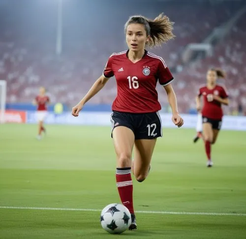 Same person wearing soccer cleats, soccer socks, soccer pants. She scored a goal on a soccer pitch and is holding her soccer jersey in her hand. she is running up the pitch near the crowd,a women that