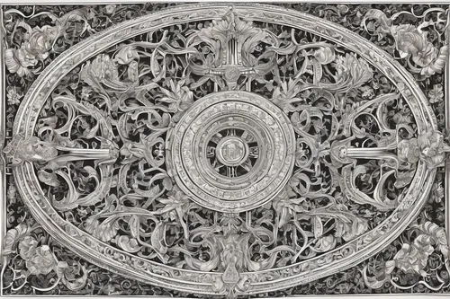 circular ornament,floral ornament,decorative plate,entablature,openwork frame,ornament,mandala,panel,ceiling,openwork,wall panel,islamic pattern,dharma wheel,corinthian order,ship's wheel,kippah,vestment,paisley pattern,engraving,wall plate,Illustration,Black and White,Black and White 03