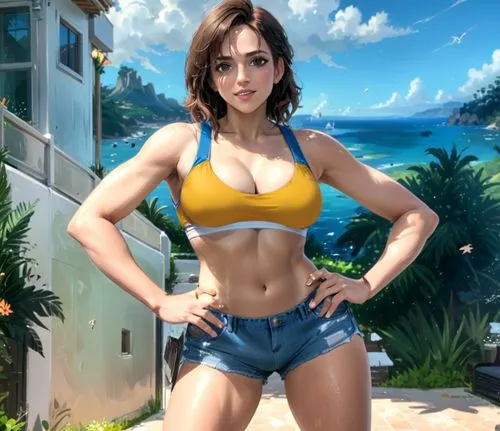 Amy Jo Johnson in  crop top and shorts, big boobs,a 3d painting of a woman in shorts and a bikini standing on a swimming pool,lara,gabi,malini,saana,tianna,vidya,Anime,Anime,General