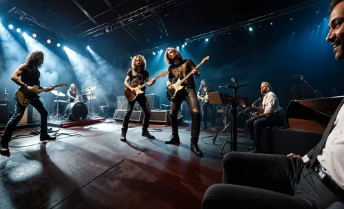 four people standing on a stage with guitars,korpiklaani,aerosmith,stratovarius,epica,zbb,tuomas