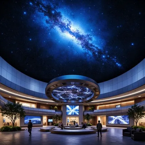 Cosmic planetarium dome, sleek metal cladding, polished chrome accents, minimalist design, circular architecture, futuristic ambiance, dark blue night sky, twinkling starlight, 3D projection mapping, 