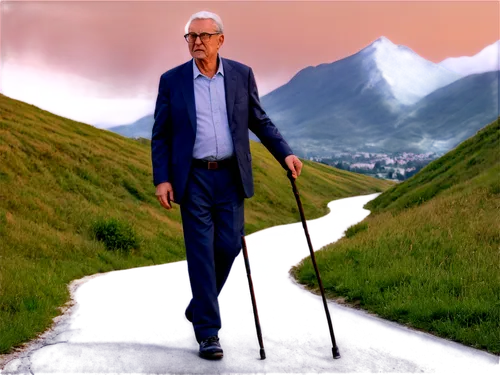 Elderly man, nostalgic expression, wrinkled skin, grey hair, glasses, walking stick, worn-out shoes, scenic background, sunset, mountain range, winding road, distant landscape, panoramic view, warm li