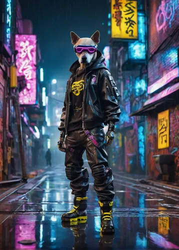 cyberpunk,hk,tokyo,tokyo city,mute,fox in the rain,jackal,80s,rocket raccoon,rain suit,furta,patrols,urban,shinjuku,bangkok,punk,dusk background,harajuku,streampunk,80's design,Unique,3D,Panoramic