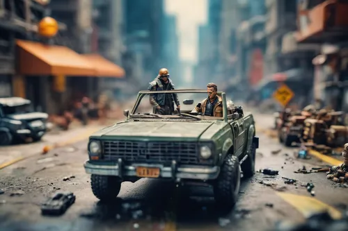 Create a suspenseful narrative where Eddie embarks on a dangerous mission in a dystopian future.,tilt shift,military jeep,toy photos,diorama,tin toys,land-rover,miniature figures,army men,humvee,snatc