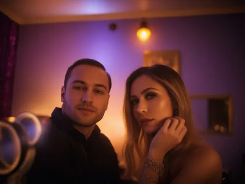 two people are posing in front of purple light,videoclip,paparizou,mobster couple,video clip,beautiful couple,video film,Photography,General,Cinematic