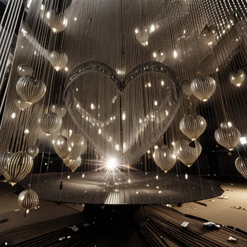 mirror ball,kinetic art,light art,spheres,japanese paper lanterns,drawing with light,string lights,wire light,heart balloons,disco ball,hanging light,fractal lights,klaus rinke's time field,glass balls,chandelier,visual effect lighting,star balloons,lantern string,prism ball,cluster ballooning