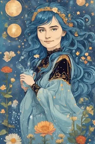 amphitrite,melusine,fairie,blue rose,blue moon rose,mervat,rem in arabian nights,diwata,nereid,naiad,zodiac sign libra,margairaz,persephone,undine,ariadne,karou,blue birds and blossom,duenas,sheherazade,girl with a dolphin,Digital Art,Sticker