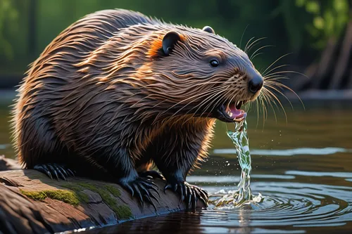 beaver, animal, fluffy fur, sharp teeth, busy building dam, wood texture, riverbank, forest background, greenery, soft natural light, close-up shot, detailed water ripples, realistic style, vibrant co