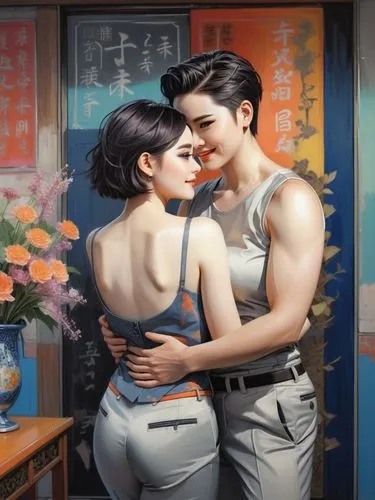 bright and saturated colors, suit, no background, background white. short hair, brunette, big eyes, blue eyes. American style drawing 11. big smile.,an asian couple that is hugging each other,fenyang,