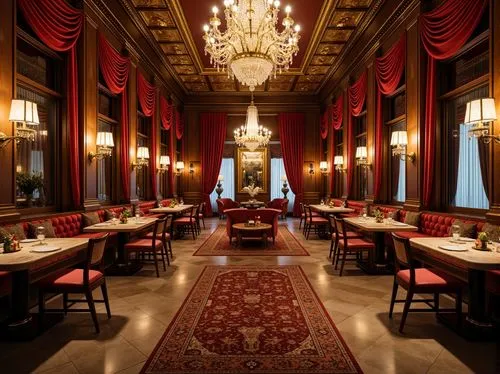 Rich velvet drapes, ornate gold leafing, luxurious marble countertops, intricately carved wooden panels, lavish crystal chandeliers, plush crimson sofas, antique bronze fixtures, opulent patterned rug