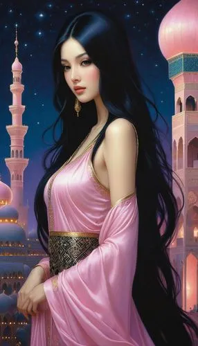 oriental princess,rem in arabian nights,sheherazade,scheherazade,orientalist,persia,Illustration,Realistic Fantasy,Realistic Fantasy 08