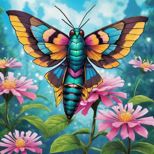 In a fantasy world, a magical hummingbird hawkmoth grants wishes to those who encounter it.,butterfly background,pellucid hawk moth,pollinator,vanessa (butterfly),butterfly vector,hybrid swallowtail o