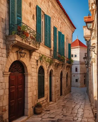 Croatian Renaissance-style building, grand facade, ornate decorations, Baroque elements, red-tiled roof, white stone walls, arched windows, intricate carvings, Gothic spires, vibrant colorful shutters