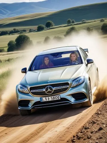 Mercedes car with three women in it going at high speed over a dirt road.
,the mercedes c coupe is driving down a dirt road,mercedescup,carlsson,mercedes c class,mercedes s class,daimlerchrylser,daiml