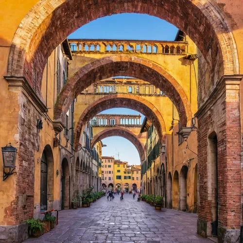 Fototapeta Lucca, Italy. View of Piazza dell'Anfiteatro square through the arch,ferrara,verona,modena,lucca,antigua guatemala,pavia,tuscan,ponte vecchio,arches,sant'angelo bridge,italy,piemonte,traste