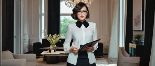 Modern interior designer, female, 25yo, stylish short hair, black framed glasses, elegant makeup, white blouse, high-waisted pencil skirt, black heels, holding a tablet, standing, luxurious living roo