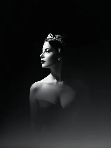 Portrait of a queen, technically optimal high-resolution contemporary black and white photographic art.,the silhouette of a woman with a tiara,crown silhouettes,black swan,satine,ceremonials,goldfrapp