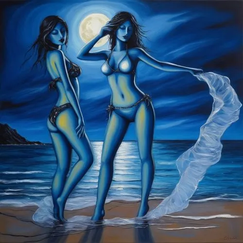 Moonlit Serenity by the Sea ,Passion Sexy Painting ,Naked Woman  Abstract Body Art Oil Painting
,neon body painting,bodypainting,blue moon,priestesses,blue painting,rhinemaidens,body painting,mermaids