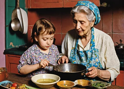 girl in the kitchen,soup kitchen,grandmother,food preparation,cooking vegetables,old cooking books,cookware and bakeware,care for the elderly,elderly lady,elderly person,vintage kitchen,elderly people,older person,little girl and mother,food and cooking,old woman,cabbage soup diet,cooking book cover,copper cookware,nanny,Art,Artistic Painting,Artistic Painting 38