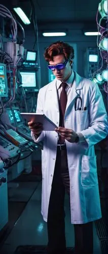 Caber AI, futuristic laboratory, high-tech equipment, wires, screens, robotic arms, scientist, white coat, goggles, messy brown hair, tired eyes, holding a tablet, standing, intense lighting, dramatic