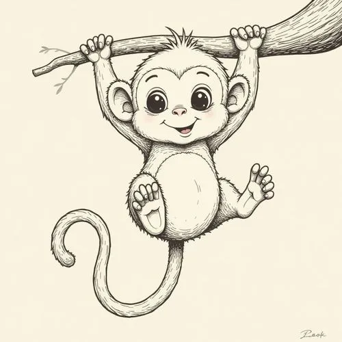 A baby monkey with a round body and a long, curled tail. It is hanging from a tree branch, with a friendly smile and large eyes. The drawing is composed of simple outlines and no color fill.

,the cut