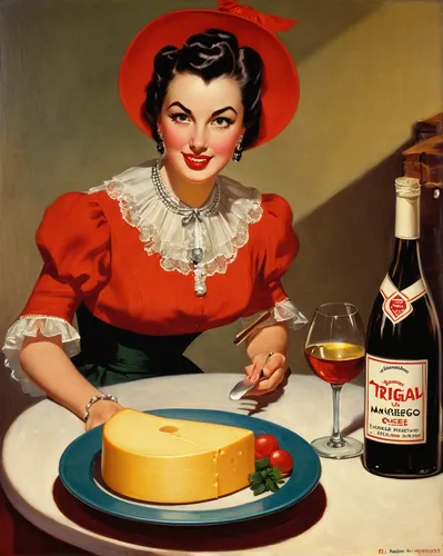 woman holding pie,maraschino,margarine,apéritif,boston cream pie,butter pie,cheesecake,cream liqueur,woman eating apple,antipasta,cointreau,rum cake,queen of puddings,vintage 1950s,limburger cheese,vintage art,female alcoholism,woman with ice-cream,vintage illustration,whipping cream,Illustration,Retro,Retro 10