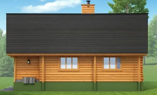 Create a highly realistic image of a house built from square laminated timber logs, clearly showing the straight edges and flat surfaces of the timber. The logs should be clean-cut, with visible, prec