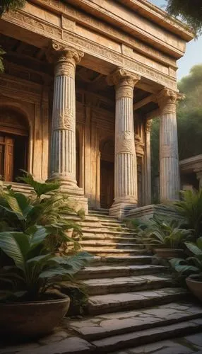 Ancient Greek-inspired temple, ornate stone carvings, intricate marble patterns, imposing columns, grand staircase, vibrant frescoes, mythological creatures, lush greenery surroundings, misty atmosphe