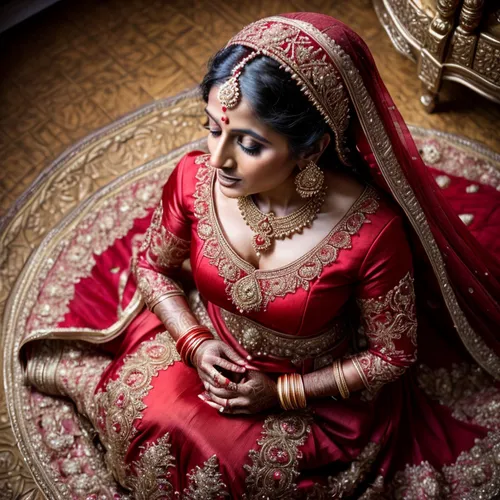 bride in red bridal gown sitting on floor looking down,indian bride,sabyasachi,mandodari,dulhan,gopika,indian woman,bharathanatyam,wedding photography,ghagra,wedding saree,kuchipudi,shobana,indian gir