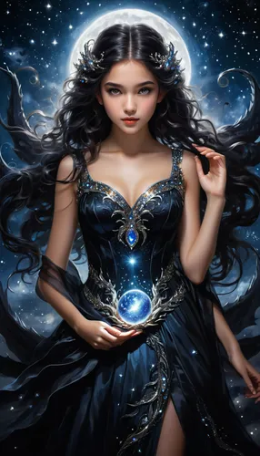 blue enchantress,zodiac sign libra,sorceress,mystical portrait of a girl,fantasy art,fantasy picture,the enchantress,horoscope libra,the zodiac sign pisces,priestess,divination,blue moon rose,queen of the night,faerie,crystal ball,sapphire,faery,moon phase,fantasy portrait,fairy queen,Conceptual Art,Fantasy,Fantasy 11