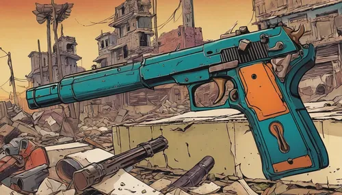 rust-orange,post apocalyptic,gunshot,water gun,gun,post-apocalypse,teal and orange,handgun,erbore,sci fiction illustration,shooter game,starting pistol,fallout4,war zone,air pistol,rusted,bottleneck,vintage pistol,pistols,the sandpiper combative,Illustration,Paper based,Paper Based 26