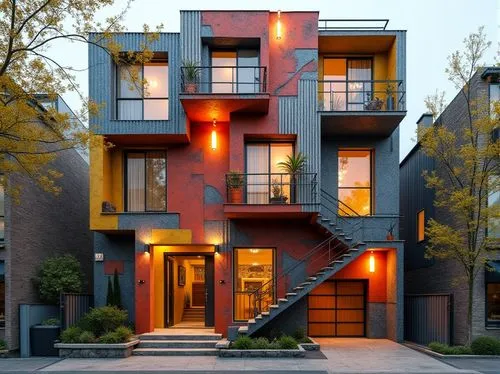 cubic house,townhomes,townhome,modern architecture,multifamily,townhouse,quadruplex,apartment building,habitat 67,lofts,apartment house,apartment block,cantilevers,corten steel,rowhouse,kimmelman,apartment complex,multistorey,modern house,kundig,Photography,General,Realistic