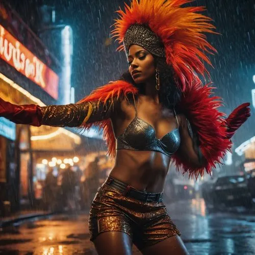 fox in the rain,burlesque,in the rain,neo-burlesque,harlem,showgirl,walking in the rain,fire dancer,chaka,stormy,umbrella,voodoo woman,renegade,cyberpunk,femme fatale,fire angel,storm,samba deluxe,brazil carnival,maria bayo,Photography,General,Fantasy