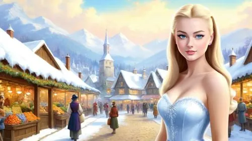 Romantic masterpiece oil painting, cute girl portrait, sheer sleeveless dress, snow queen, nostalgic 1950's style kitsch, farmer's market festival, breathtaking beautiful winter kingdom village festiv