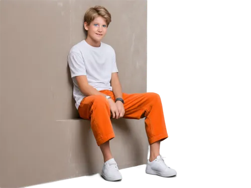 Shota, cute, blonde hair, blue eyes, small nose, sweet smile, casual wear, white shirt, orange shorts, sneakers, sitting on floor, leaning against wall, relaxed posture, warm lighting, soft focus, sha