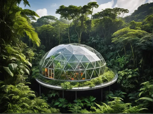 Imagine a biodome laboratory nestled in a lush and vibrant jungle.,greenhouse cover,terrarium,greenhouse effect,flower dome,greenhouse,palm house,musical dome,tropical house,bee-dome,roof domes,eco ho