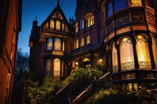 Victorian architecture, grandiose, ornate, intricate details, Gothic Revival style, steeply pitched roofs, asymmetrical facades, turrets, towers, bay windows, patterned brickwork, polychromatic brick,