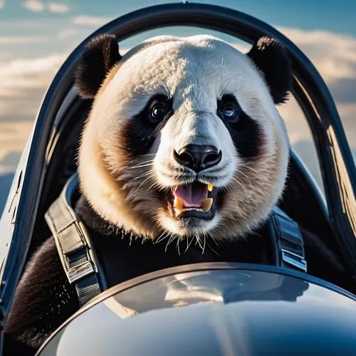 With its distinctive black and white fur, the panda sits confidently in the cockpit of a sleek fighter jet. It has a determined gaze and is within reach. The roar of the engine fills the sky as the pa