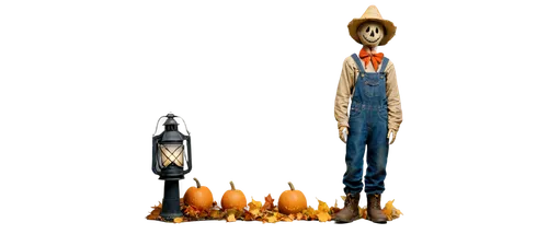 Scarecrow, Halloween decoration, standing pose, worn hat, straw-stuffed body, tattered shirt, overalls, rugged boots, holding lantern, autumn leaves background, warm lighting, 3/4 composition, shallow