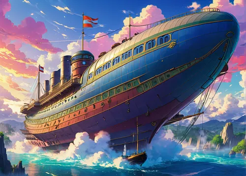 Zeppelin Steamship.,sea fantasy,airship,ocean liner,airships,air ship,scarlet sail,caravel,ship of the line,sea sailing ship,victory ship,galleon ship,galleon,phoenix boat,ship,graf-zepplin,pirate shi