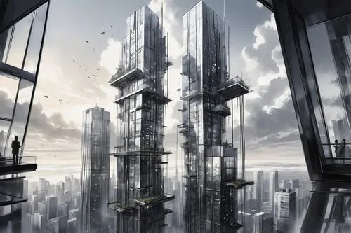 arcology,futuristic landscape,skyscraping,unbuilt,futuristic architecture,cybercity,coruscant,skyways,metropolis,homeworlds,highrises,high rises,skycraper,skyreach,skyscraper,supertall,tall buildings,skyscrapers,skyscraper town,sky city,Illustration,Black and White,Black and White 34