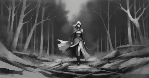 sketch, woman, forestry background, black and white,a woman in a black and white outfit stands alone in the woods,ballerina in the woods,rusalka,elven forest,in the forest,mirkwood,lacrimosa,the fores