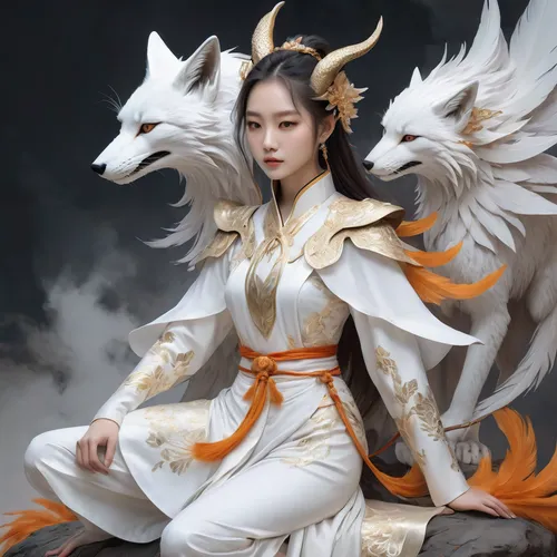 kitsune,dragon li,nine-tailed,fantasy portrait,goki,asian costume,fantasy art,flame spirit,hwachae,chinese art,白斩鸡,dragon,white temple,wuchang,fantasy picture,painted dragon,xizhi,xiaochi,dragon design,yi sun sin,Conceptual Art,Fantasy,Fantasy 10