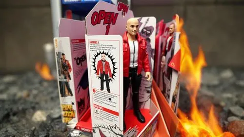 Action figure toy, Plastic texture, Kids toy, Text that reads: "Open Fire" Realistic, 8K, ,a red action figure stands in front of a fire,fire extinguishing,fire warning,fire-extinguishing system,fires